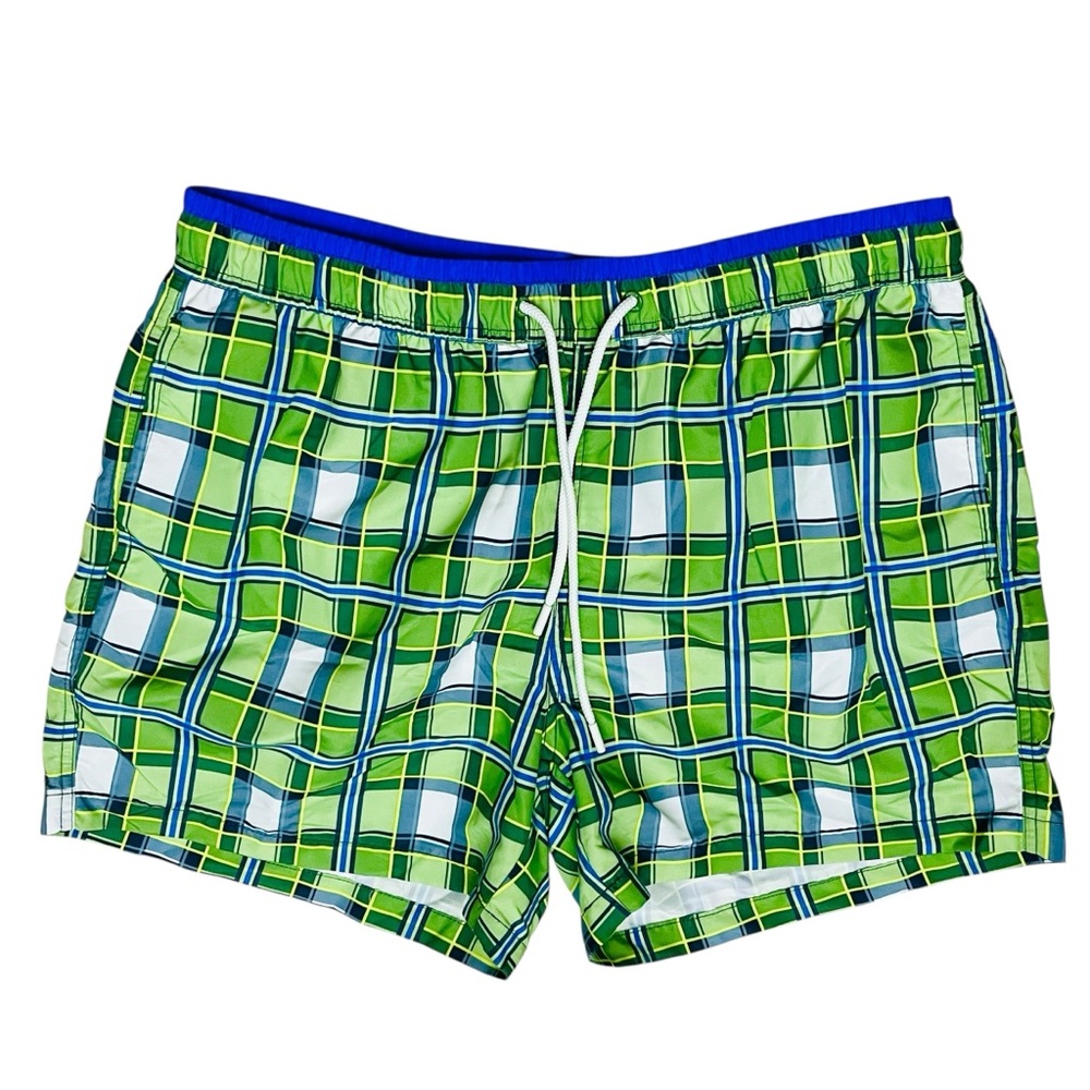 Dustin Swim Trunks Mens Size Large Green Blue Retro Plaid 5” Inseam NWOT